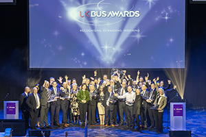 UK Bus Awards winners join the BBC's Jane Hill on stage at the 2023 ceremony